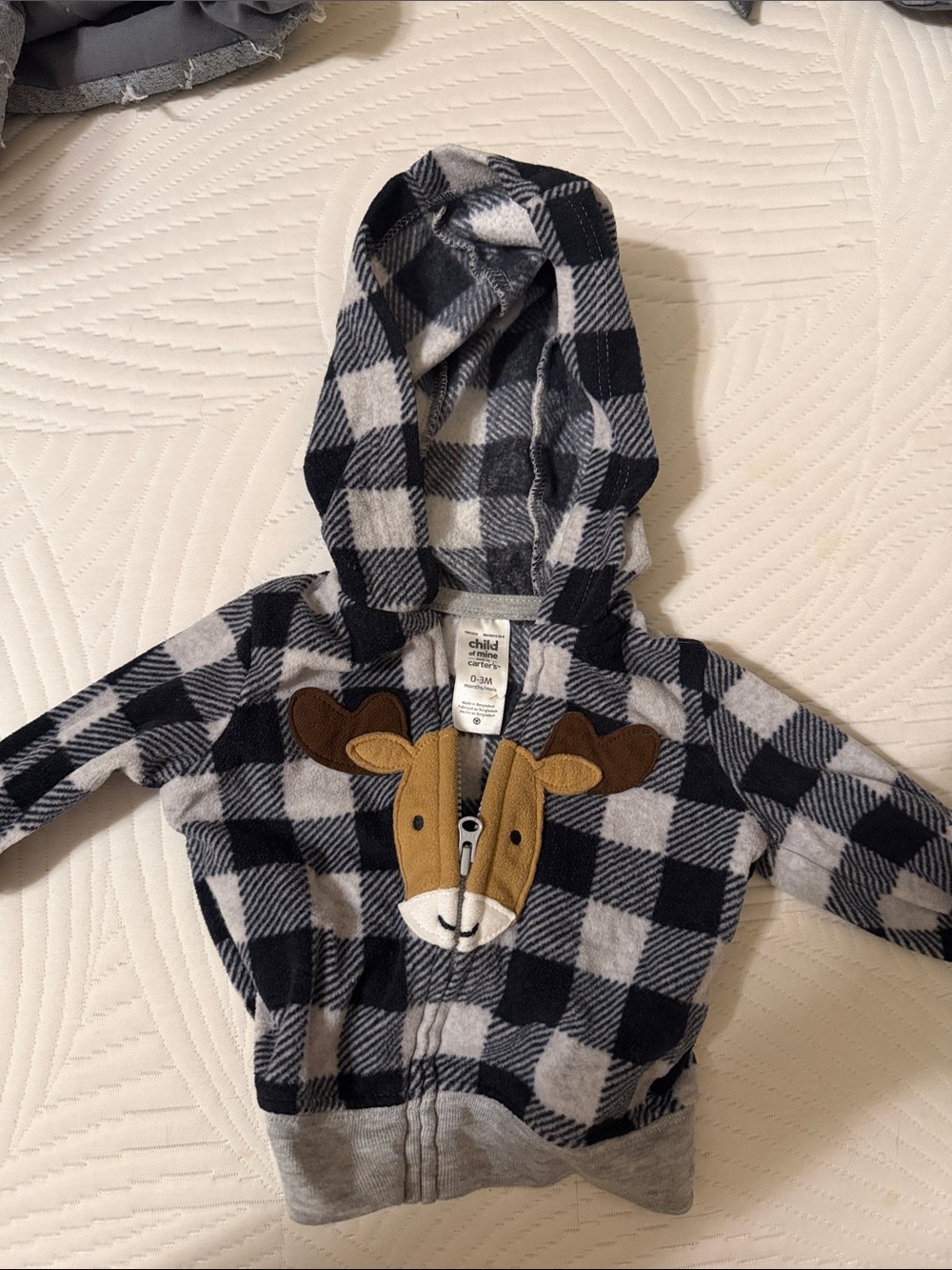 child of mine Black and White Buffalo Plaid Hooded Jacket with Moose Applique